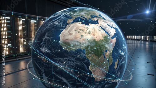 Holographic earth digital globe data network global map satellite orbit africa continent europe continent data center server room futuristic technology. Holographic earth digital globe data