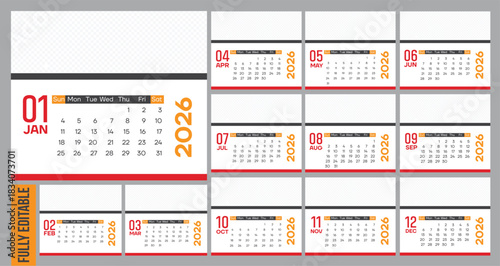 2026 Calendar Template - Modern Editable Yearly Planner with Monthly Grid Layout