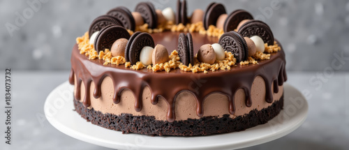 Decadent chocolate cake topped with cookies, cream, and crunchy bits, perfect for celebrations and dessert lovers