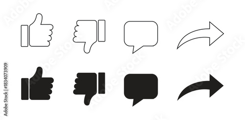 Social media icons set with thumbs up like, share arrow, and comment bubble in bold black silhouette style, vector cartoon illustration, transparent background, digital communication symbols