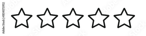 Black star icon set, simple five-pointed stars pattern, vector rating symbols, silhouette design for badge, ranking, favorite, review graphics.