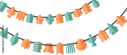 Two colorful strands of playful animal shaped cookie cutters strung together on a black cord against a white background