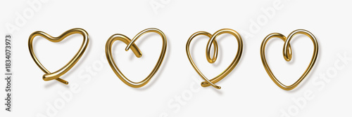 3d gold hand written heart with shadow on white background. Decorative elements for Valentines day or wedding design. Love sign and symbol. Vector illustration.