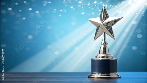 Star trophy metallic silver award victory success achievement celebration spotlight blue background. Star trophy metallic silver award victory success achievement celebration spotlight blue