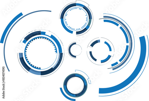 Futuristic digital interface with glowing blue concentric circles and abstract geometric shapes on a white background representing technology and data