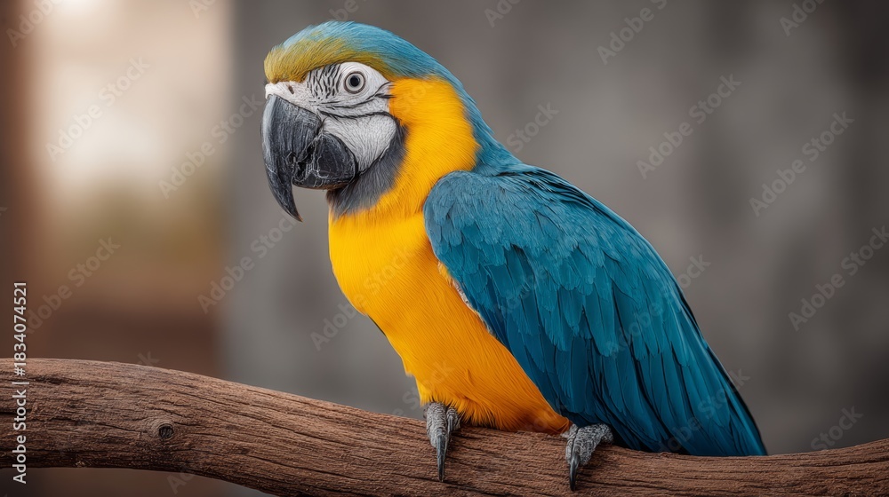 Obraz premium A blue and yellow parrot is perched on a branch
