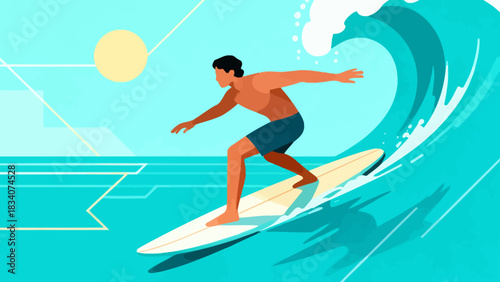 This vibrant illustration shows a young male surfer riding a large turquoise wave under a sunny blue sky, with water splashing around, capturing the energy and excitement of summer surfing.