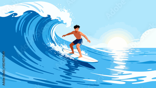 This vibrant illustration shows a young male surfer riding a large turquoise wave under a sunny blue sky, with water splashing around, capturing the energy and excitement of summer surfing.