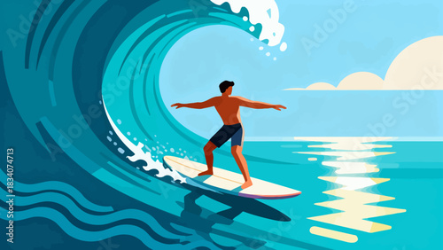 This vibrant illustration shows a young male surfer riding a large turquoise wave under a sunny blue sky, with water splashing around, capturing the energy and excitement of summer surfing.
