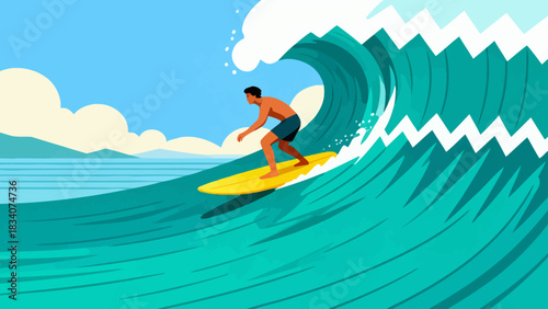 This vibrant illustration shows a young male surfer riding a large turquoise wave under a sunny blue sky, with water splashing around, capturing the energy and excitement of summer surfing.