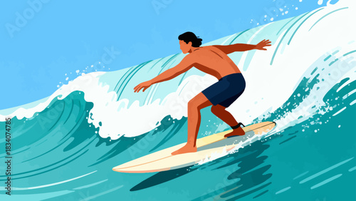 This vibrant illustration shows a young male surfer riding a large turquoise wave under a sunny blue sky, with water splashing around, capturing the energy and excitement of summer surfing.