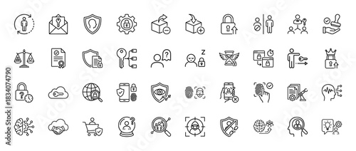 Security and privacy line icon set. Vector pictograms of shield, lock, key, fingerprint, biometrics, secure email, cloud, eye scan and identity, thin linear illustration.