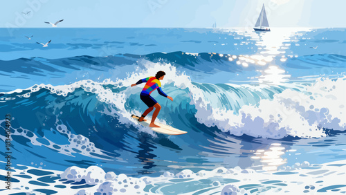 This vibrant illustration shows a young male surfer riding a large turquoise wave under a sunny blue sky, with water splashing around, capturing the energy and excitement of summer surfing.