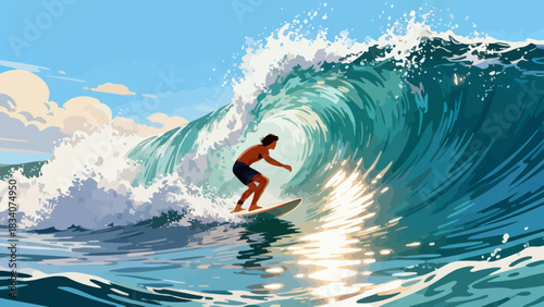 This vibrant illustration shows a young male surfer riding a large turquoise wave under a sunny blue sky, with water splashing around, capturing the energy and excitement of summer surfing.