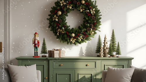 Whimsical holiday living room scene with a festive wreath, nutcracker, and gentle snowfall creating a cozy Christmas atmosphere