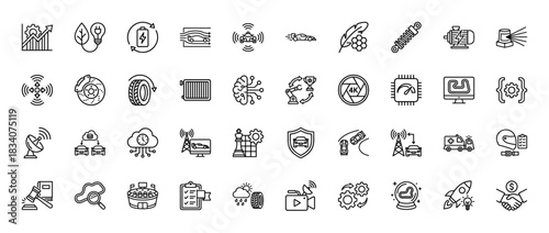 Automotive technology line icon set. Vector pictograms of electric car, smart mobility, performance, and vehicle systems, thin linear illustration.