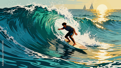 This vibrant illustration shows a young male surfer riding a large turquoise wave under a sunny blue sky, with water splashing around, capturing the energy and excitement of summer surfing.