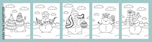 Snowman coloring page for kids. Simple winter outline with festive details. Printable for holiday fun, education, and family activities. Vector illustration