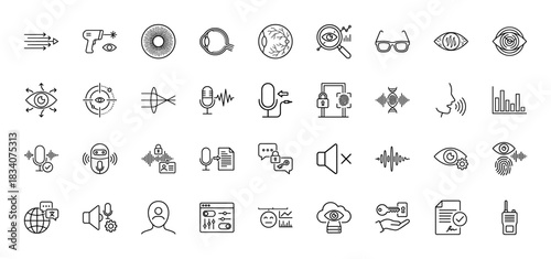 Biometrics, security, and human senses line icon set. Vector pictograms of retina scan, voice recognition, dna, and fingerprint, thin linear illustration.