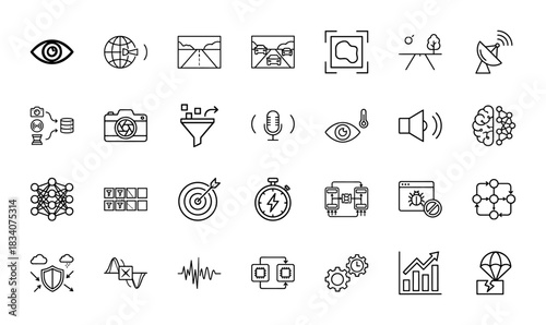 Artificial intelligence and machine learning line icon set. Vector pictograms of deep learning, sensor data, radar, and cybersecurity, thin linear illustration.