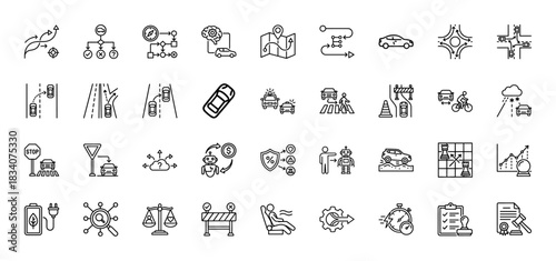 Autonomous vehicle technology line icon set. Vector pictograms of driving, navigation, safety, and smart systems, thin linear illustration.