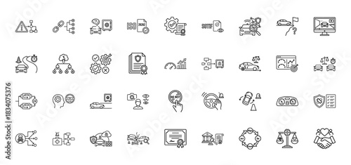 Automotive safety and standards line icon set. vector pictograms of iso certification, risk management, car testing, and autonomous system quality, thin linear illustration.