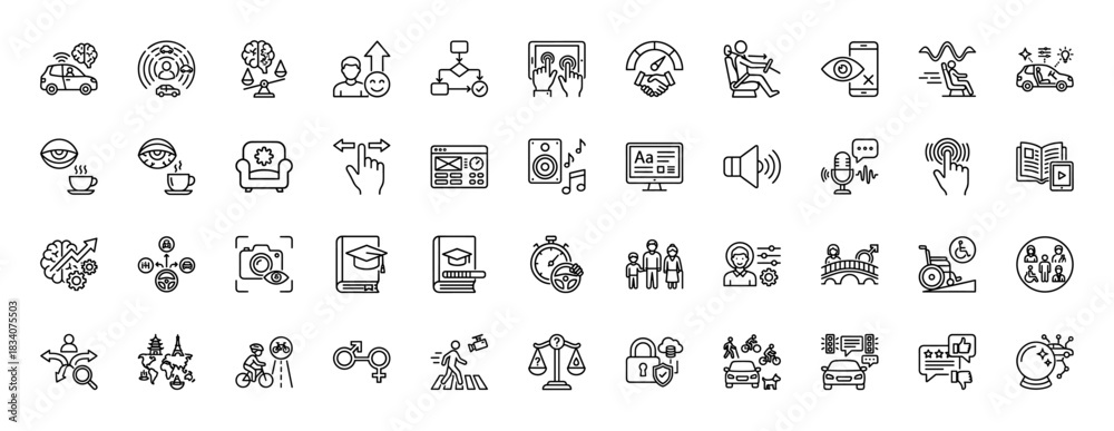 Fototapeta premium Smart driving and user interface line icon set. Vector pictograms of autonomous car, brain computing, voice control, and touchscreen interaction, thin linear illustration.