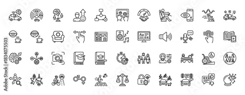 Smart driving and user interface line icon set. Vector pictograms of autonomous car, brain computing, voice control, and touchscreen interaction, thin linear illustration.