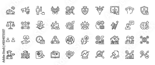 Business, finance, and education line icon set. Vector pictograms of teamwork, investment, security, and knowledge development, thin linear illustration.