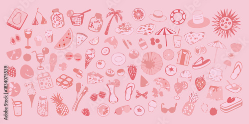Summer vacation pink icons pattern background for travel and relaxation