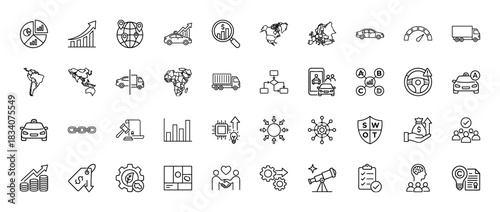 Logistics and business line icon set. Vector pictograms of charts, cars, delivery trucks, security, and global analysis, thin linear illustration.