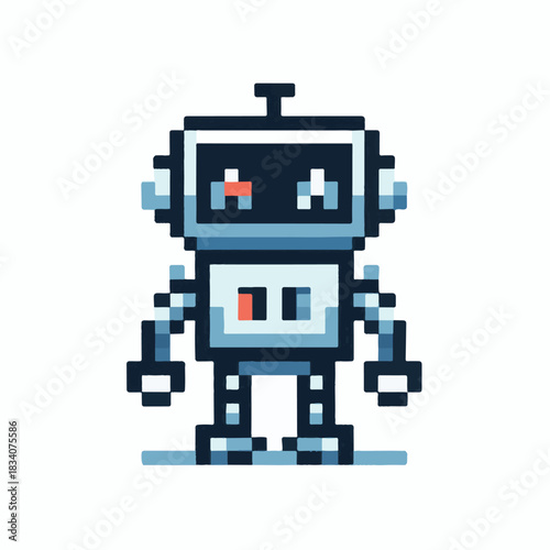 Pixel Art Robot Retro-Style Tech Illustration with Square Body and Antenna