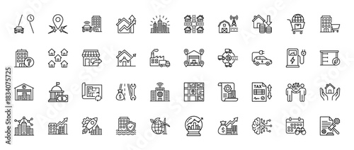Smart city and real estate line icon set. Vector pictograms of navigation, building, growth, delivery, and technology, thin linear illustration.