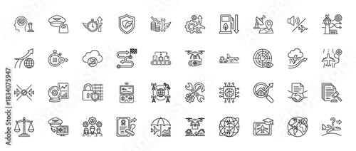 Aviation line icon set. Vector pictograms of pilot, drone, radar, airport control tower, and aircraft, thin linear illustration.