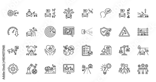 Automotive safety and wildlife avoidance line icon set. Vector pictograms of car collision, radar, steering, animal fence, and warning sign, thin linear illustration.
