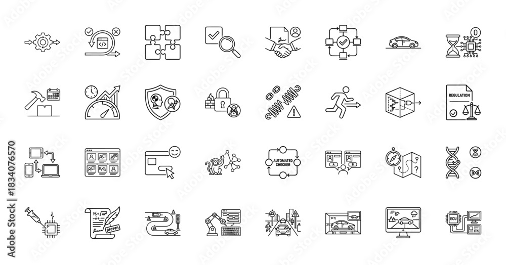 Fototapeta premium Automotive technology and software development line icon set. Vector pictograms of agile, security, regulation, and autonomous driving, thin linear illustration.