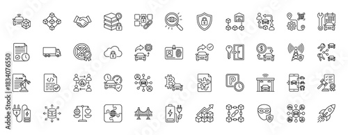 Automotive technology line icon set. Vector pictograms of smart car, blockchain, electric vehicle, truck, battery, key, cloud, gps, garage, thin linear illustration.