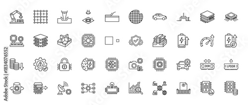 Semiconductor and microchip technology line icon set. Vector pictograms of wafer, processor, car, battery, and manufacturing, thin linear illustration.