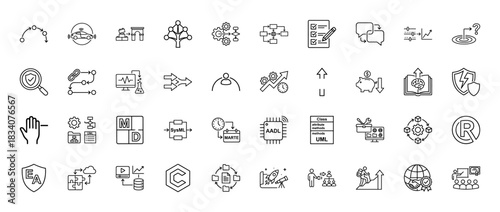 Technology and engineering line icon set. Vector pictograms of autonomous vehicle, adl, sysml, marte, uml, and development processes, thin linear illustration.