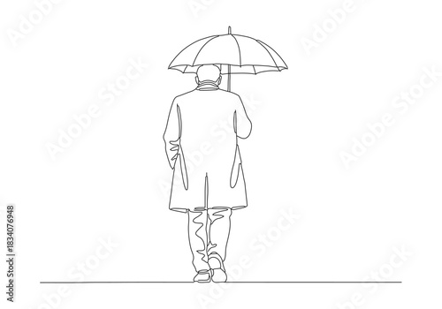Elegant continuous line art drawing style depicting a solitary man walking with an umbrella, capturing a moment of peaceful contemplation