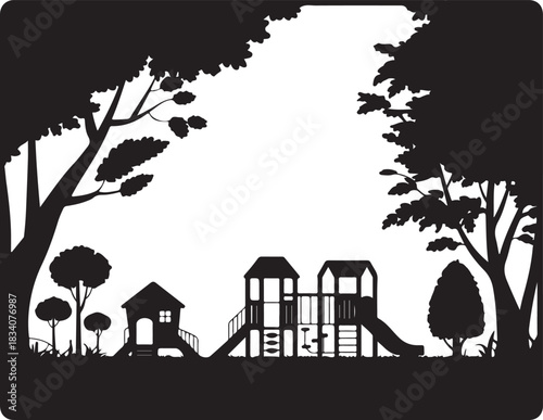 Playground in Black Silhouette with Trees and Play Equipment Ideal for Recreational Area with 130 Characters Limit for Title Writing