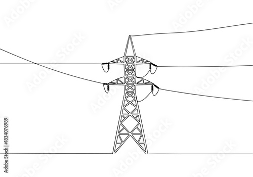 Detailed continuous line art drawing style depicting an electricity transmission tower
