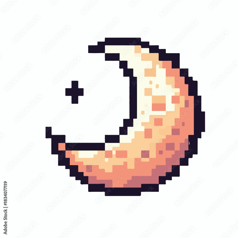 Obraz premium Whimsical pixel art crescent moon and star concept, evoking serene night skies and retro digital aesthetics for dreamy celestial designs and vintage gaming themes