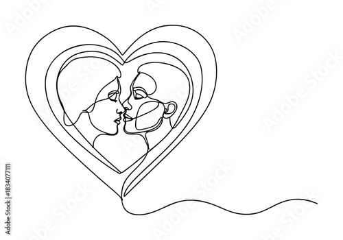 Elegant continuous line art drawing style portraying a loving couple's tender kiss within a symbolic heart