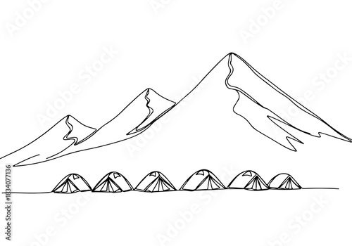 Scenic mountain landscape with a row of tents depicted in a unique continuous line art drawing style