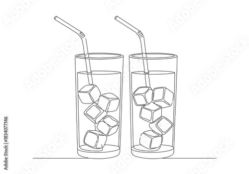 Clean continuous line art drawing style depicts two refreshing cold drinks with ice and straws
