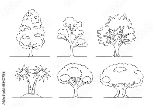 Diverse trees in continuous line art drawing style, a modern minimalist nature illustrations collection