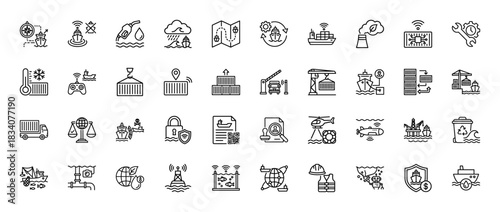 Shipping and maritime logistics line icon set. Vector pictograms of navigation, cargo, container, crane, and safety, thin linear illustration.
