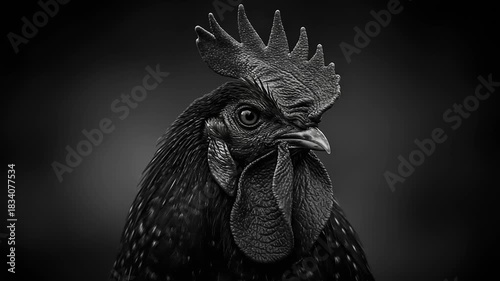 Majestic black rooster portrait against dark backdrop