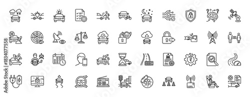 Smart car technology and safety line icon set. Vector pictograms of crash, autonomous driving, battery charge, and security, thin linear illustration.